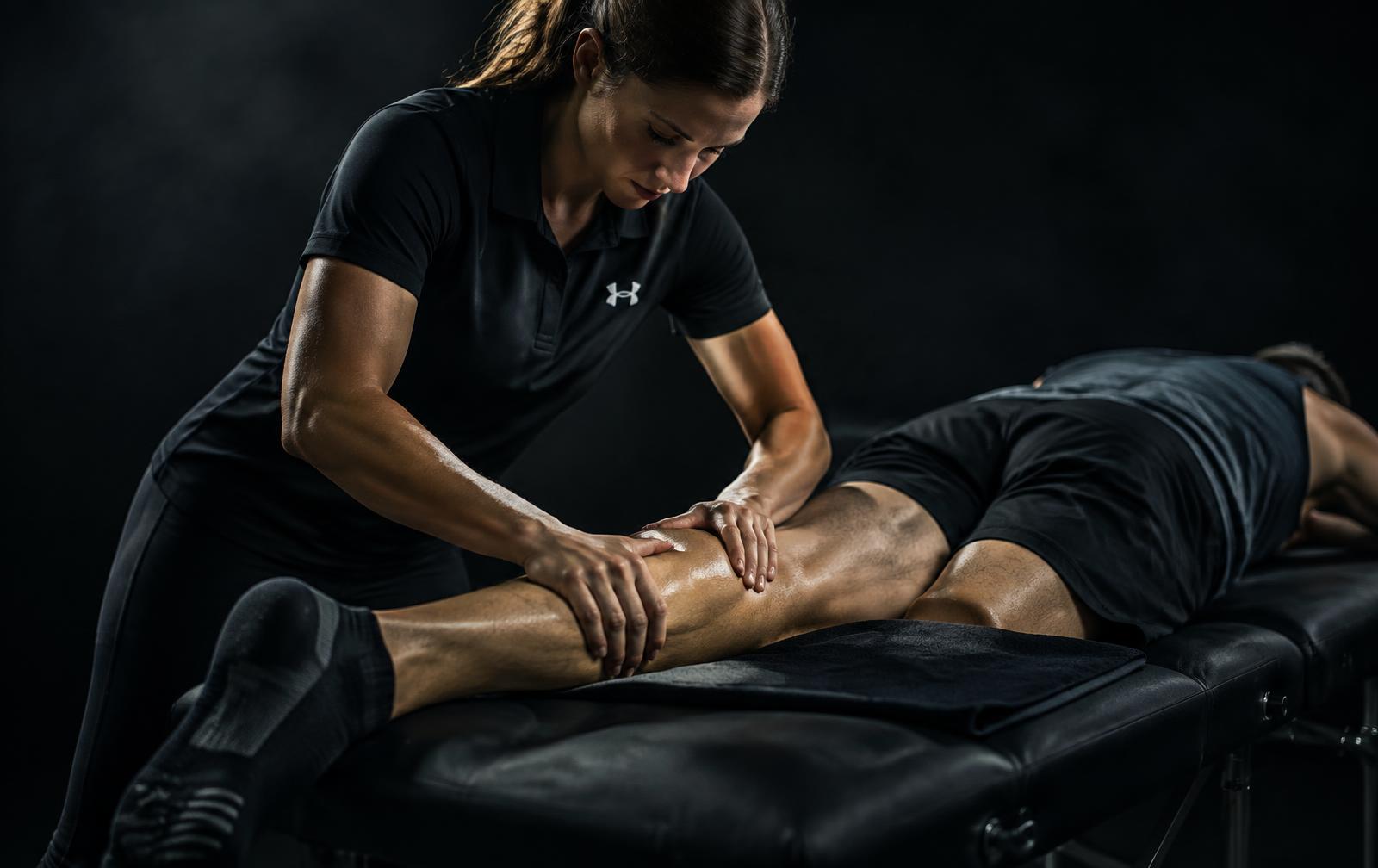 Sports therapist massaging an athlete's leg